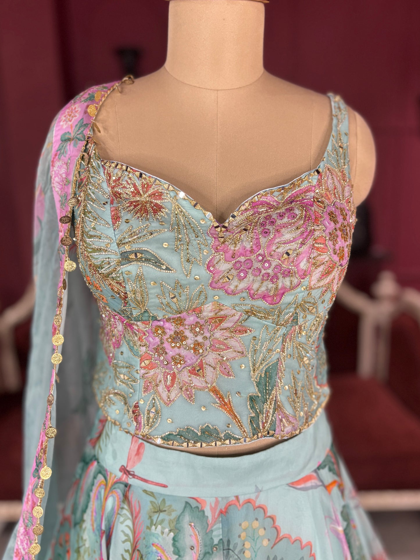 Pastel Aqua Lehenga with Floral Embroidered Blouse