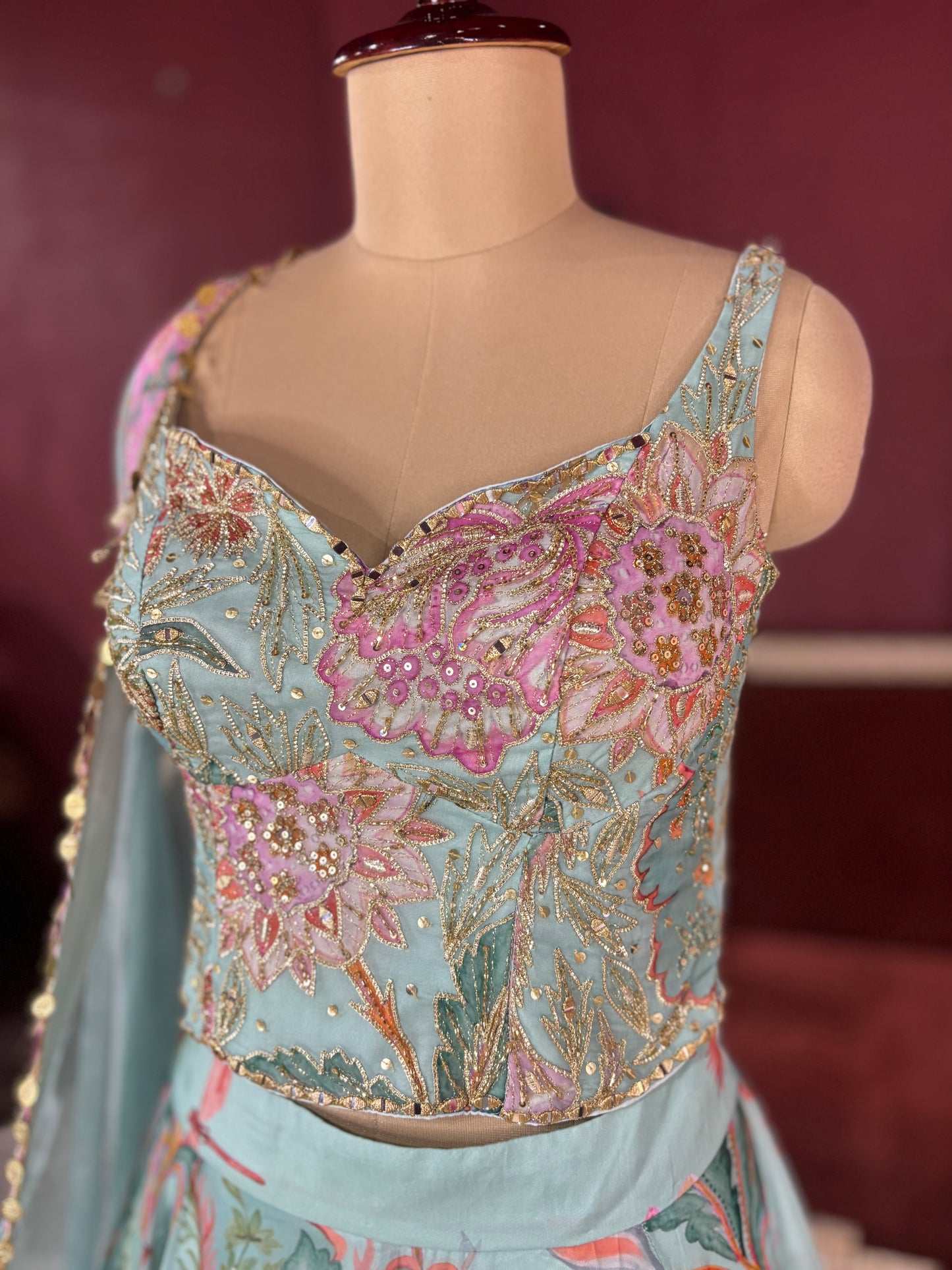 Pastel Aqua Lehenga with Floral Embroidered Blouse