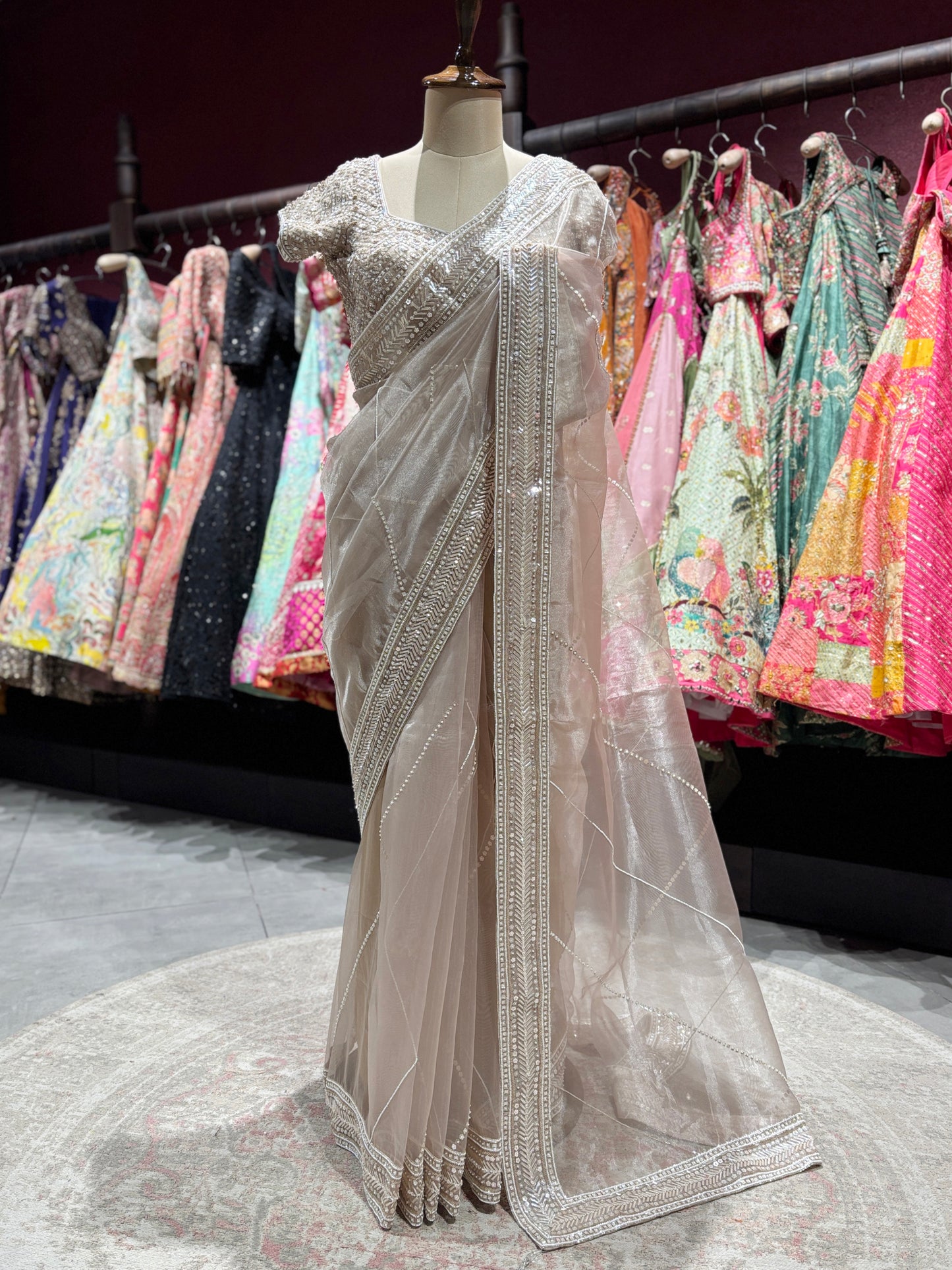 Champagne Heavy Embroidered Saree with Designer Blouse