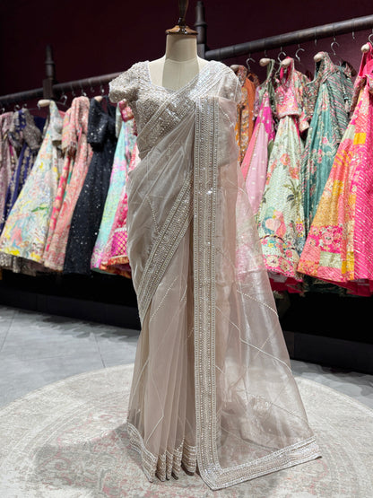 Champagne Heavy Embroidered Saree with Designer Blouse