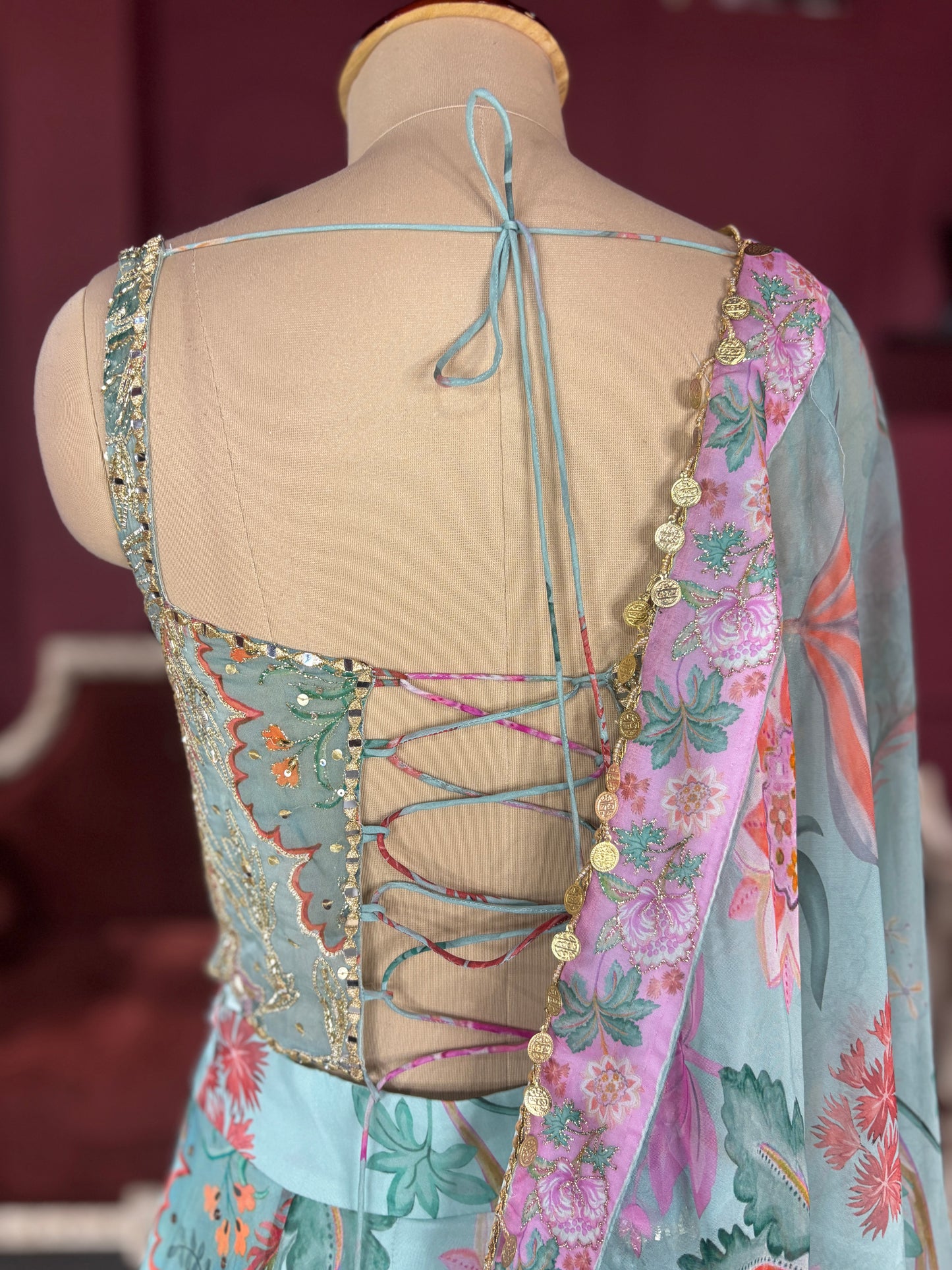 Pastel Aqua Lehenga with Floral Embroidered Blouse