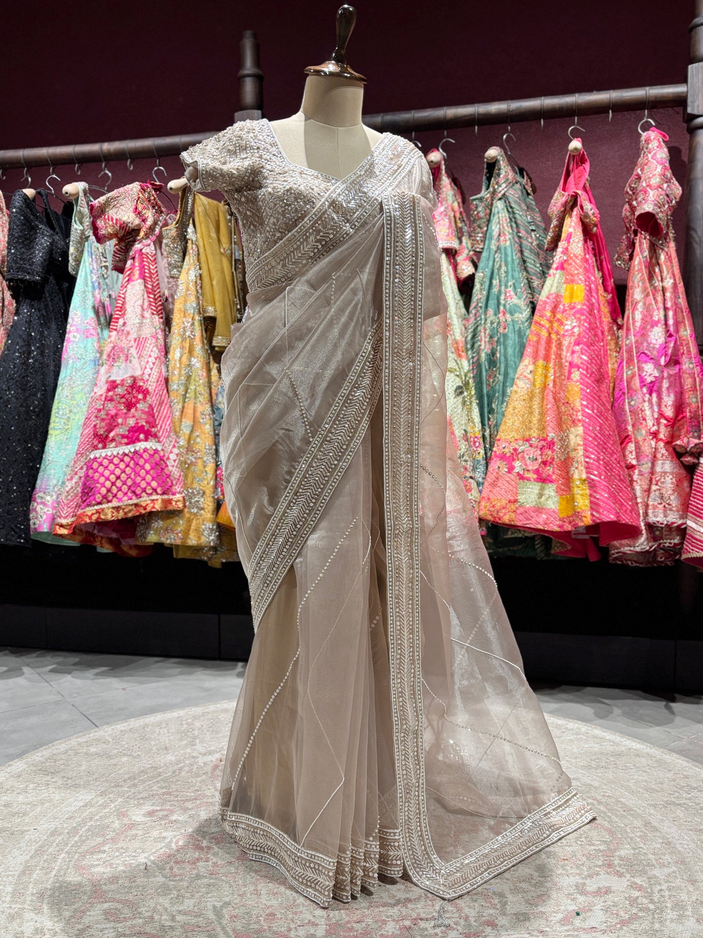 Champagne Heavy Embroidered Saree with Designer Blouse