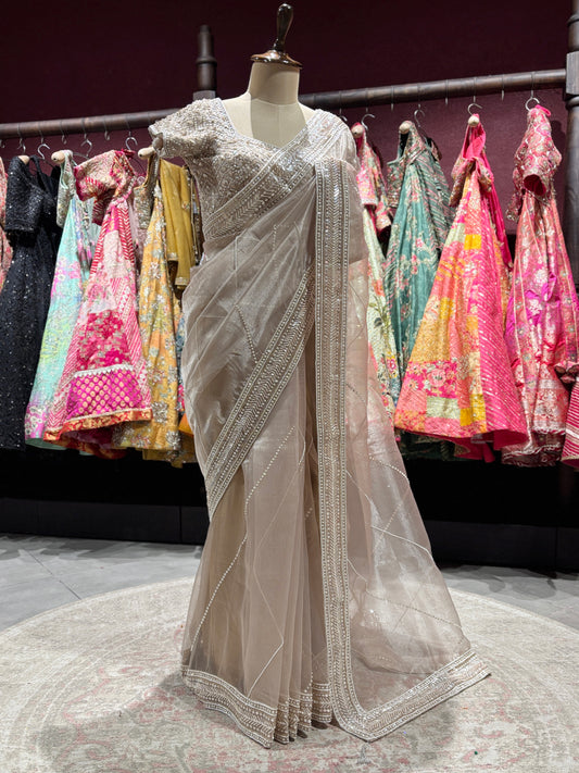 Champagne Heavy Embroidered Saree with Designer Blouse