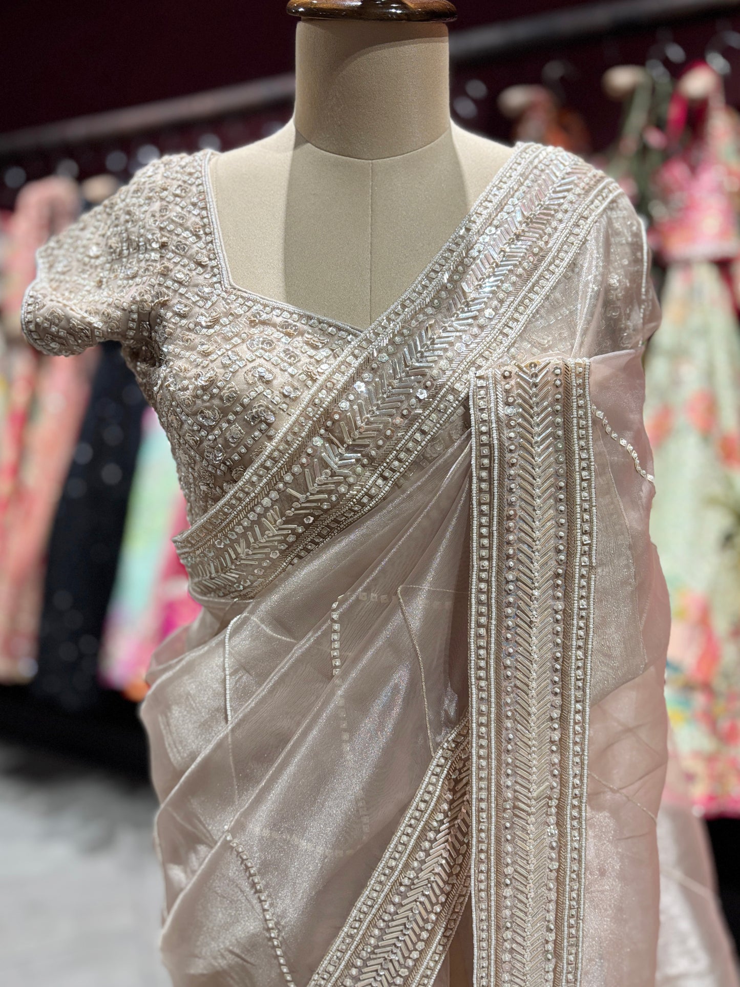 Champagne Heavy Embroidered Saree with Designer Blouse