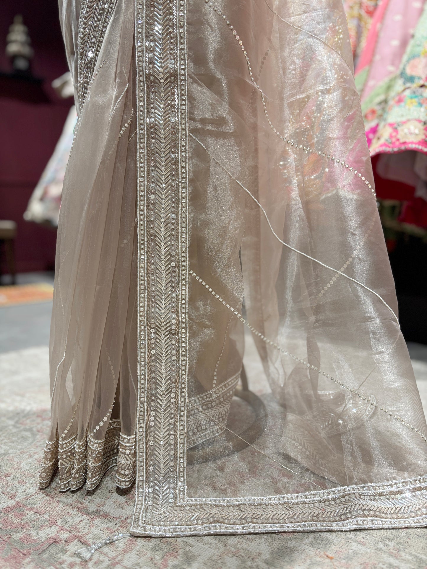 Champagne Heavy Embroidered Saree with Designer Blouse