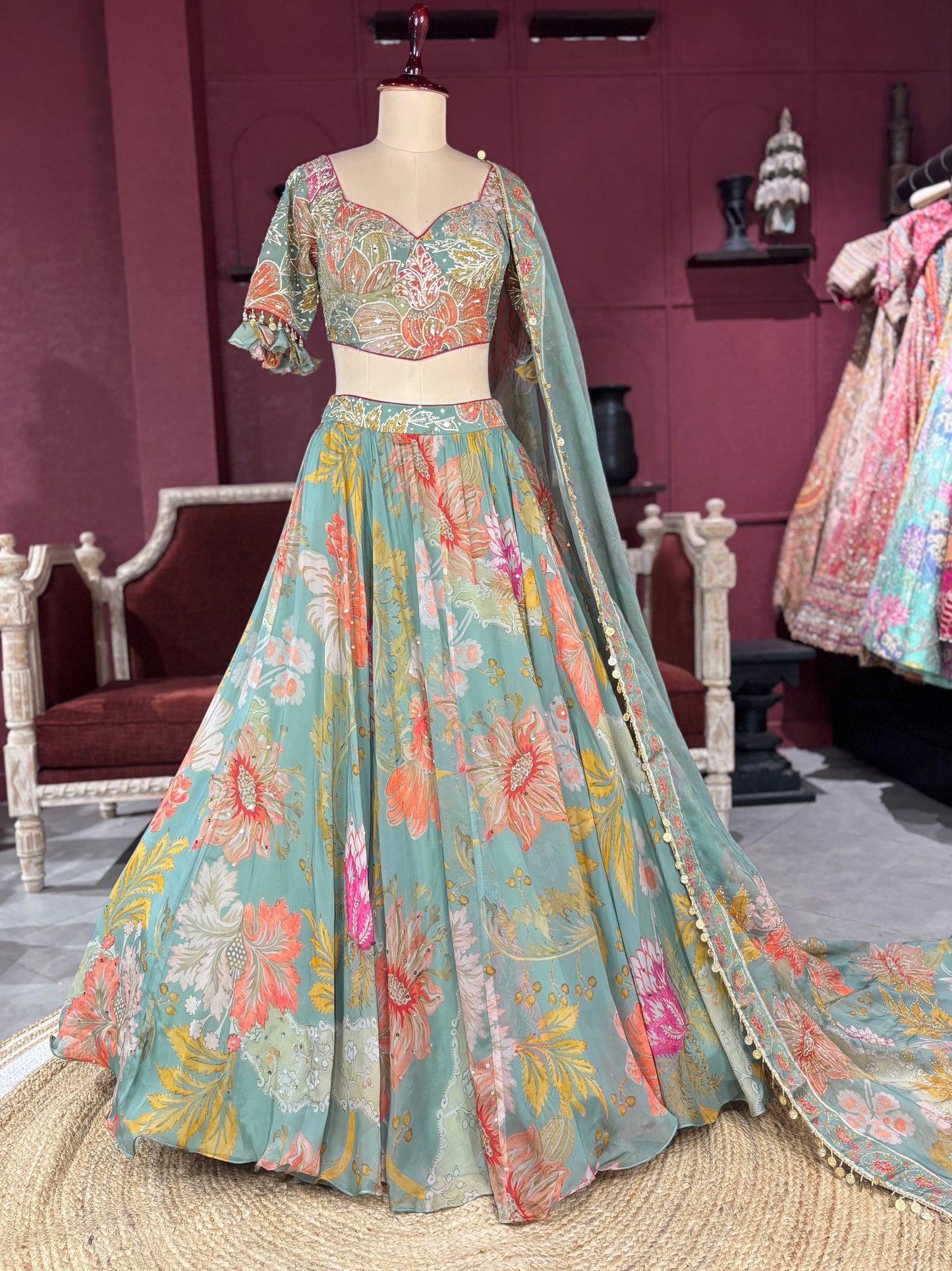 Pastel Green Lehenga with Floral Embroidered Blouse