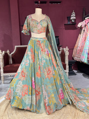 Pastel Green Lehenga with Floral Embroidered Blouse