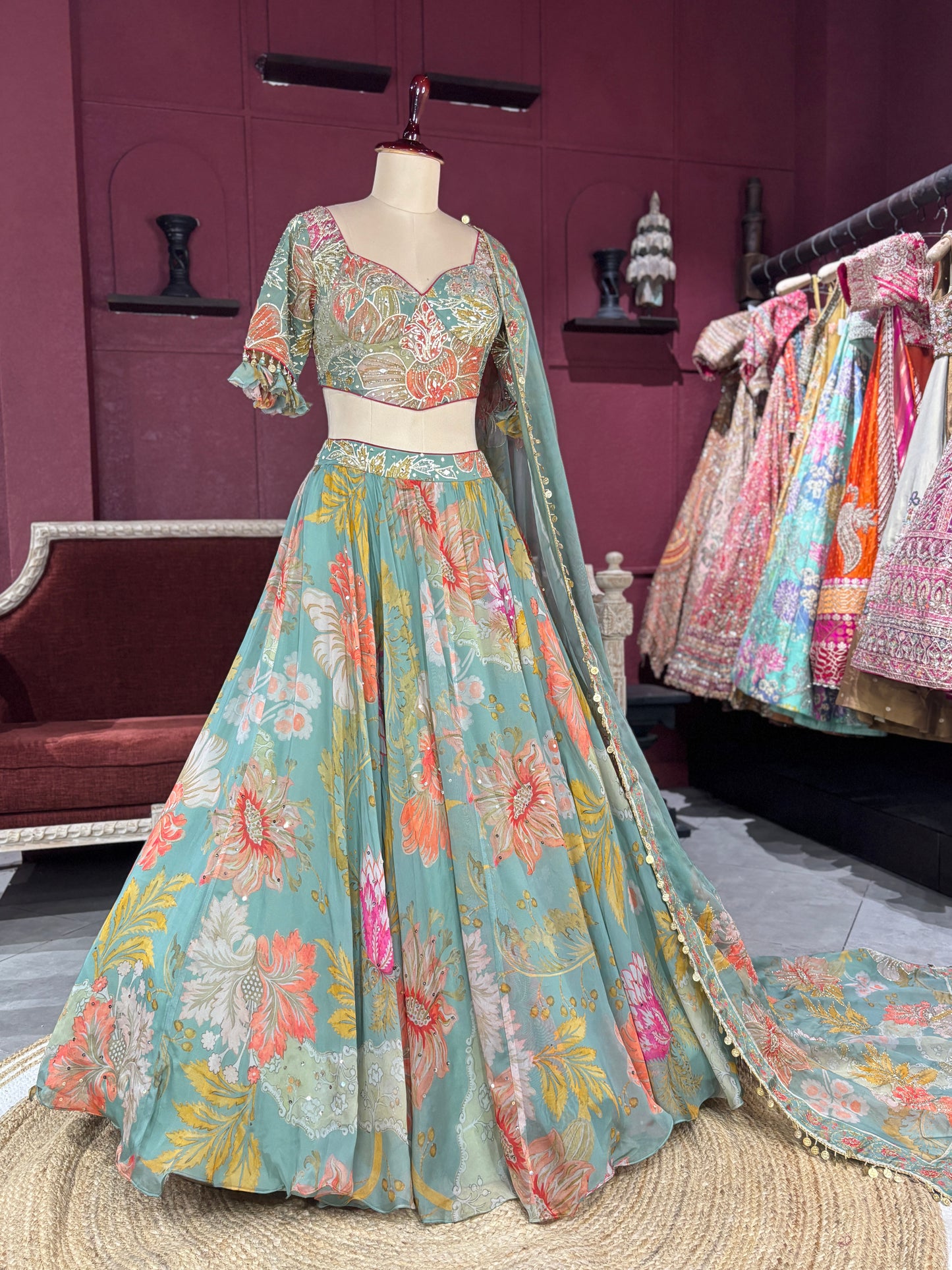 Pastel Green Lehenga with Floral Embroidered Blouse