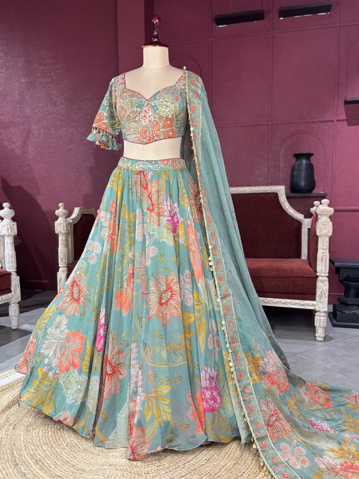 Pastel Green Lehenga with Floral Embroidered Blouse