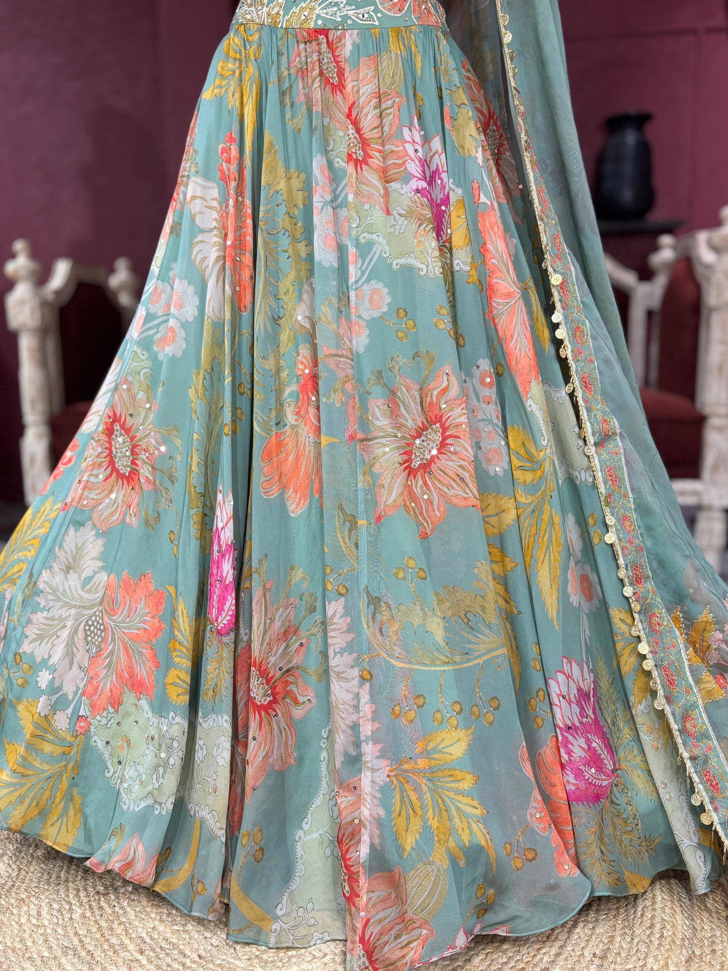 Pastel Green Lehenga with Floral Embroidered Blouse