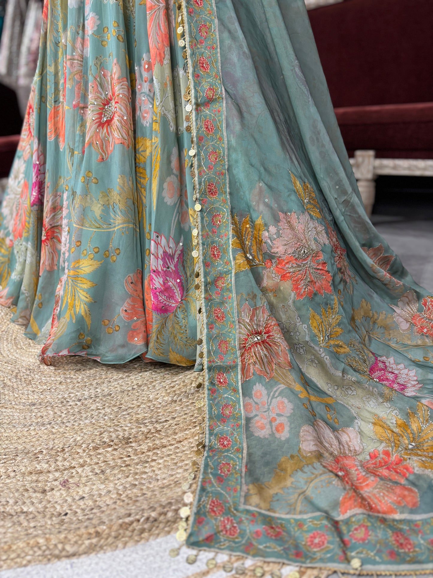 Pastel Green Lehenga with Floral Embroidered Blouse