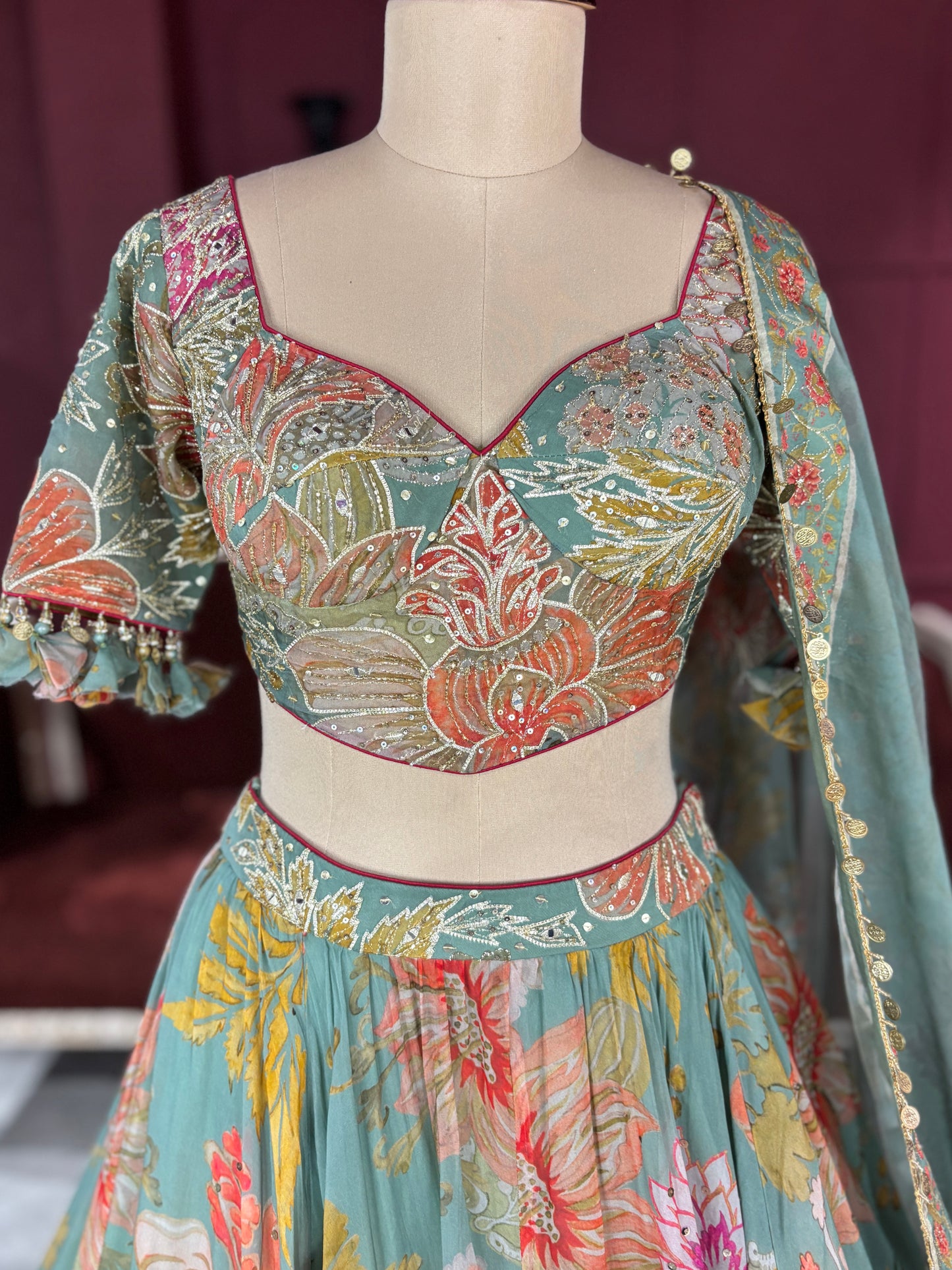 Pastel Green Lehenga with Floral Embroidered Blouse