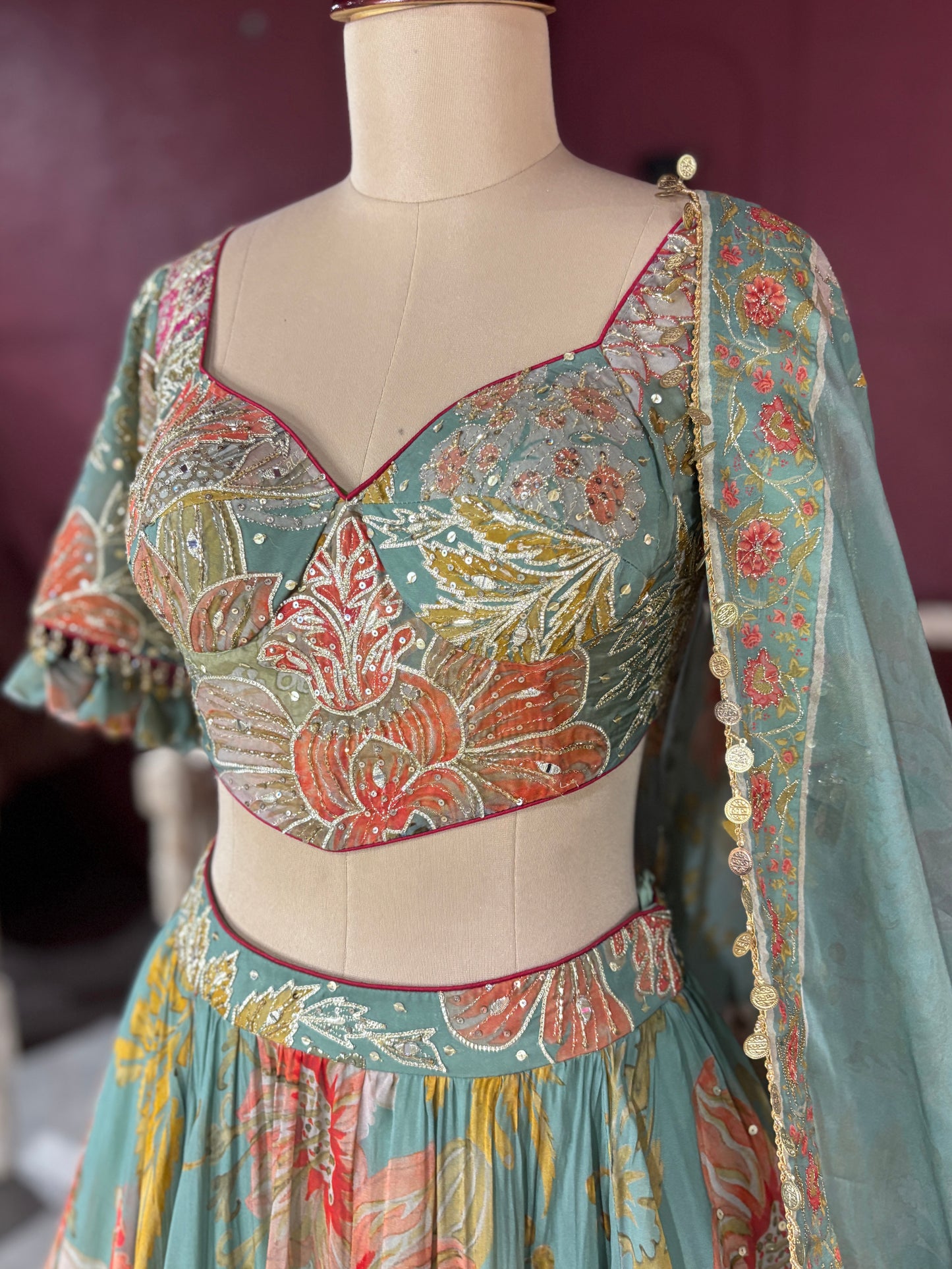 Pastel Green Lehenga with Floral Embroidered Blouse