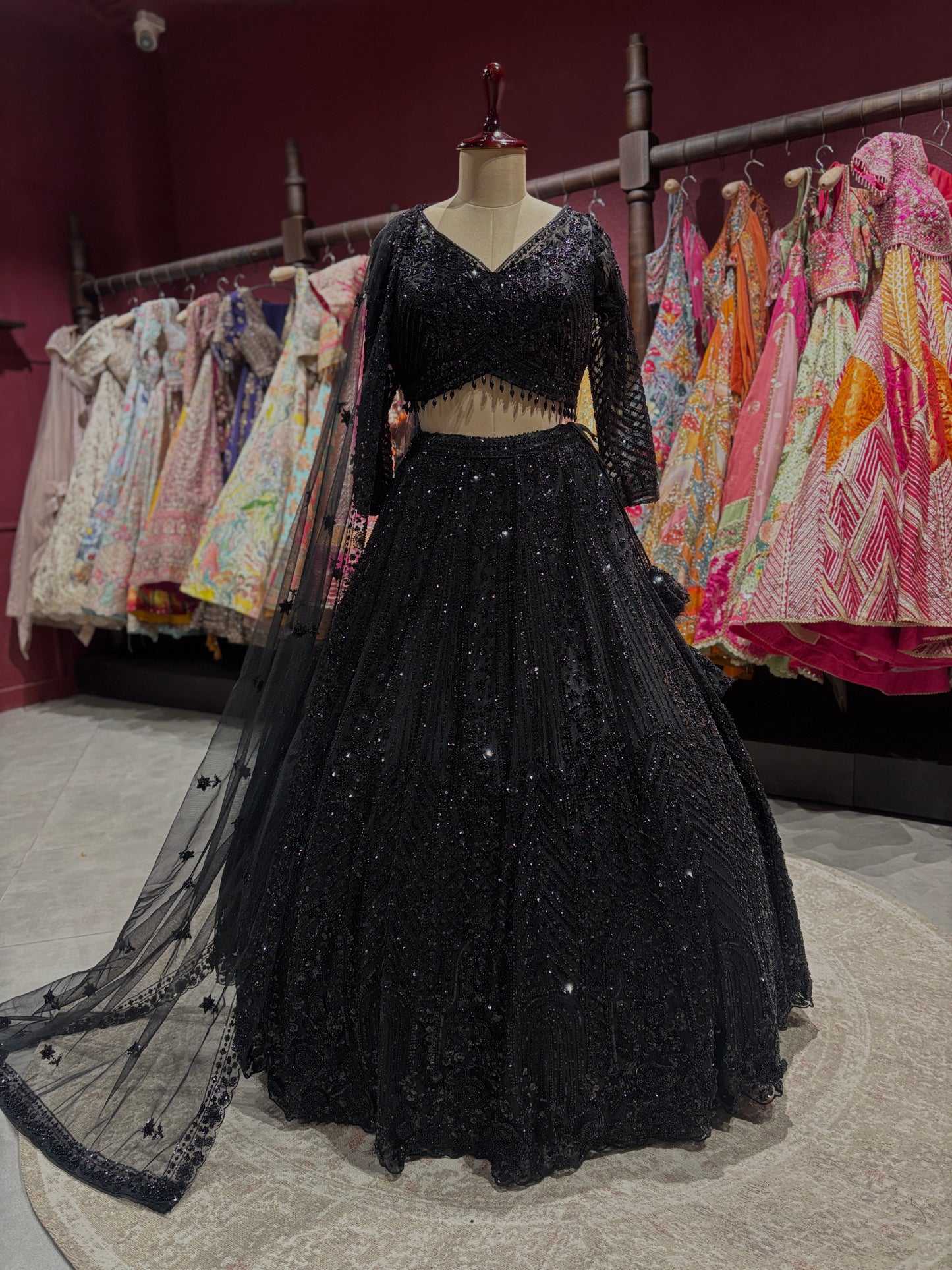 Black Sequin Embroidered Net Lehenga with Full-Sleeve Designer Blouse