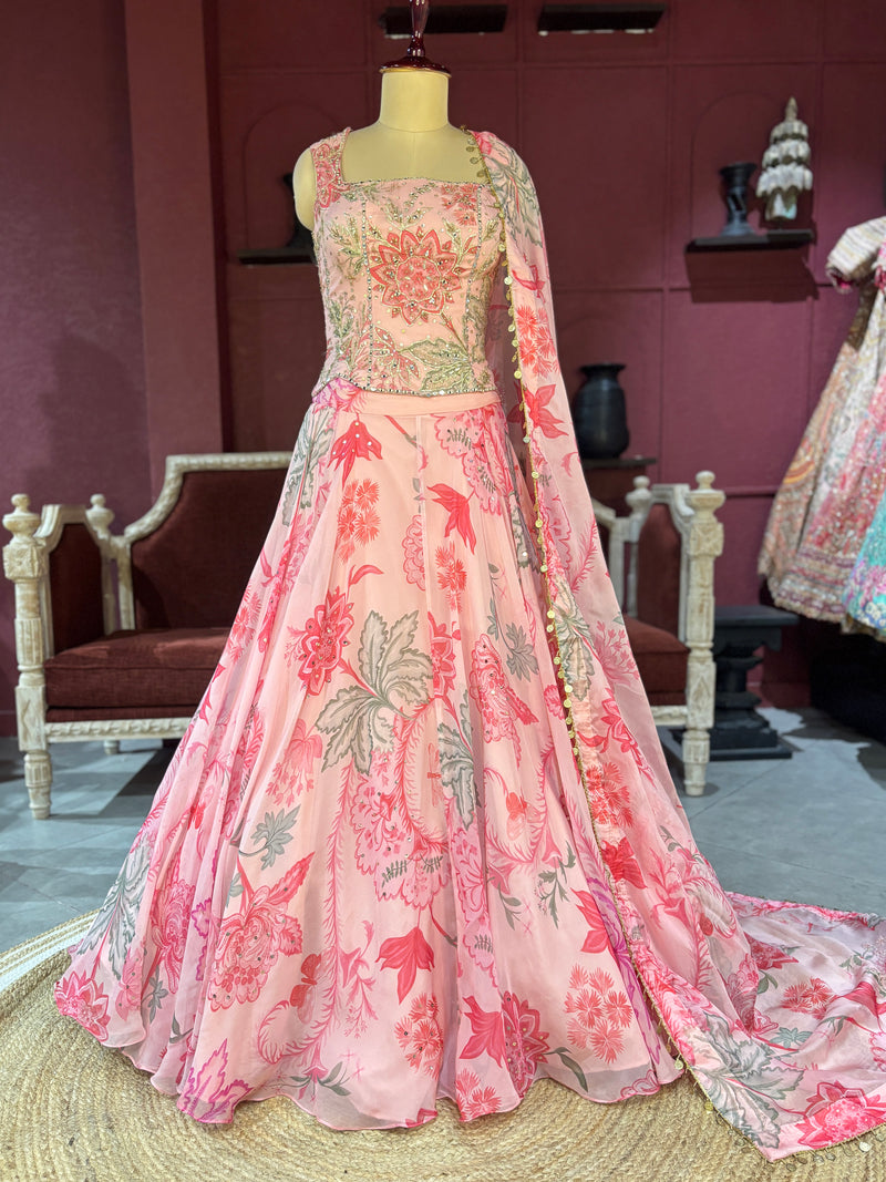 Pink Floral Lehenga with Embroidered Blouse and Dupatta