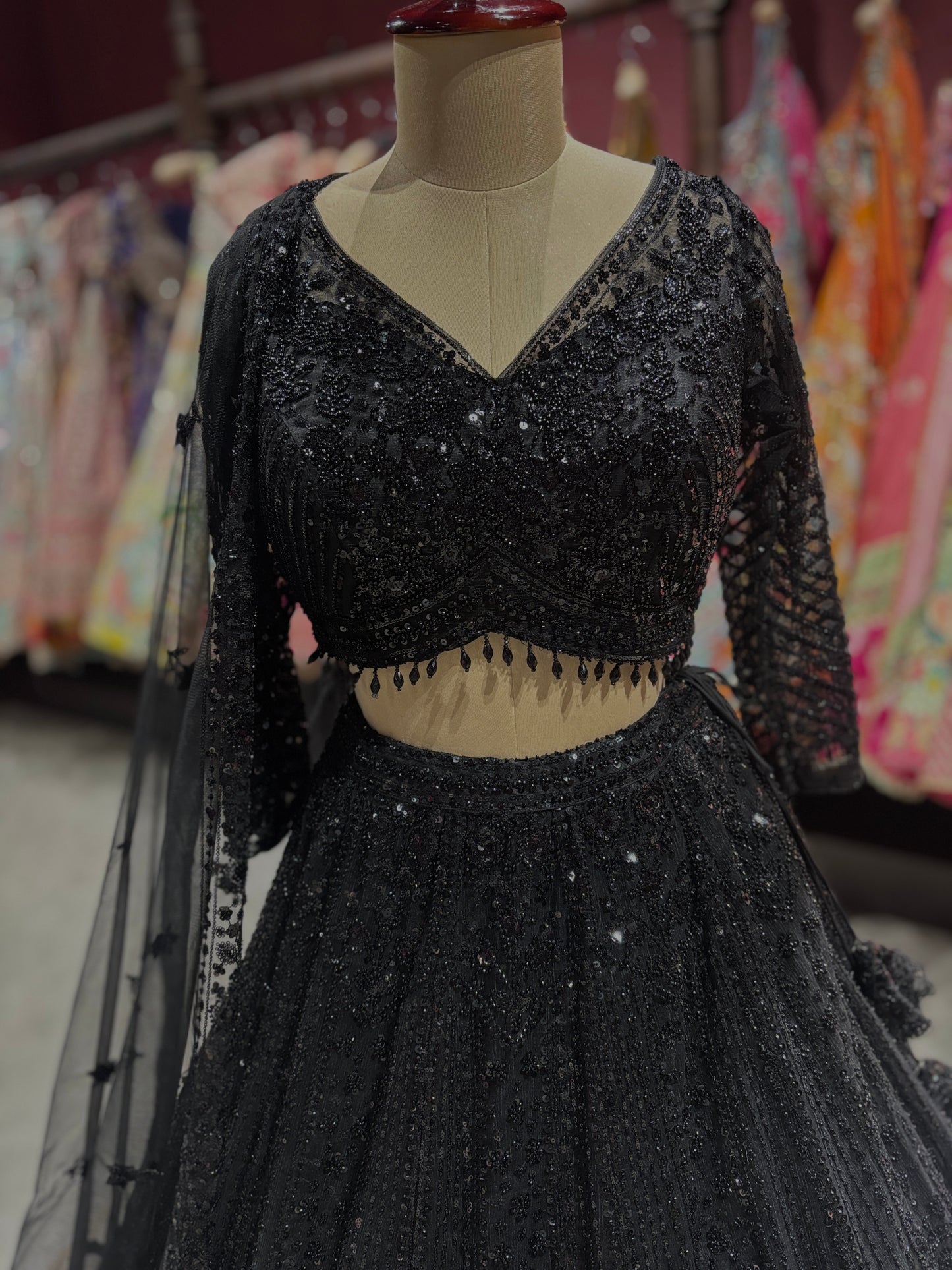 Black Sequin Embroidered Net Lehenga with Full-Sleeve Designer Blouse