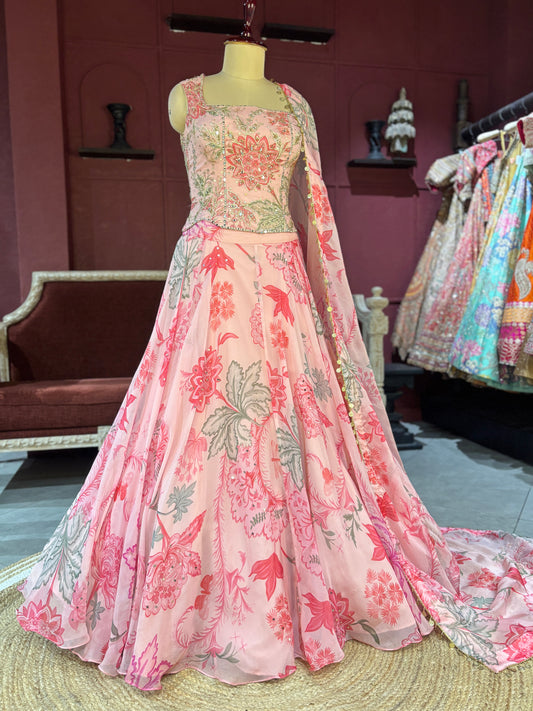 Pink Floral Lehenga with Embroidered Blouse and Dupatta