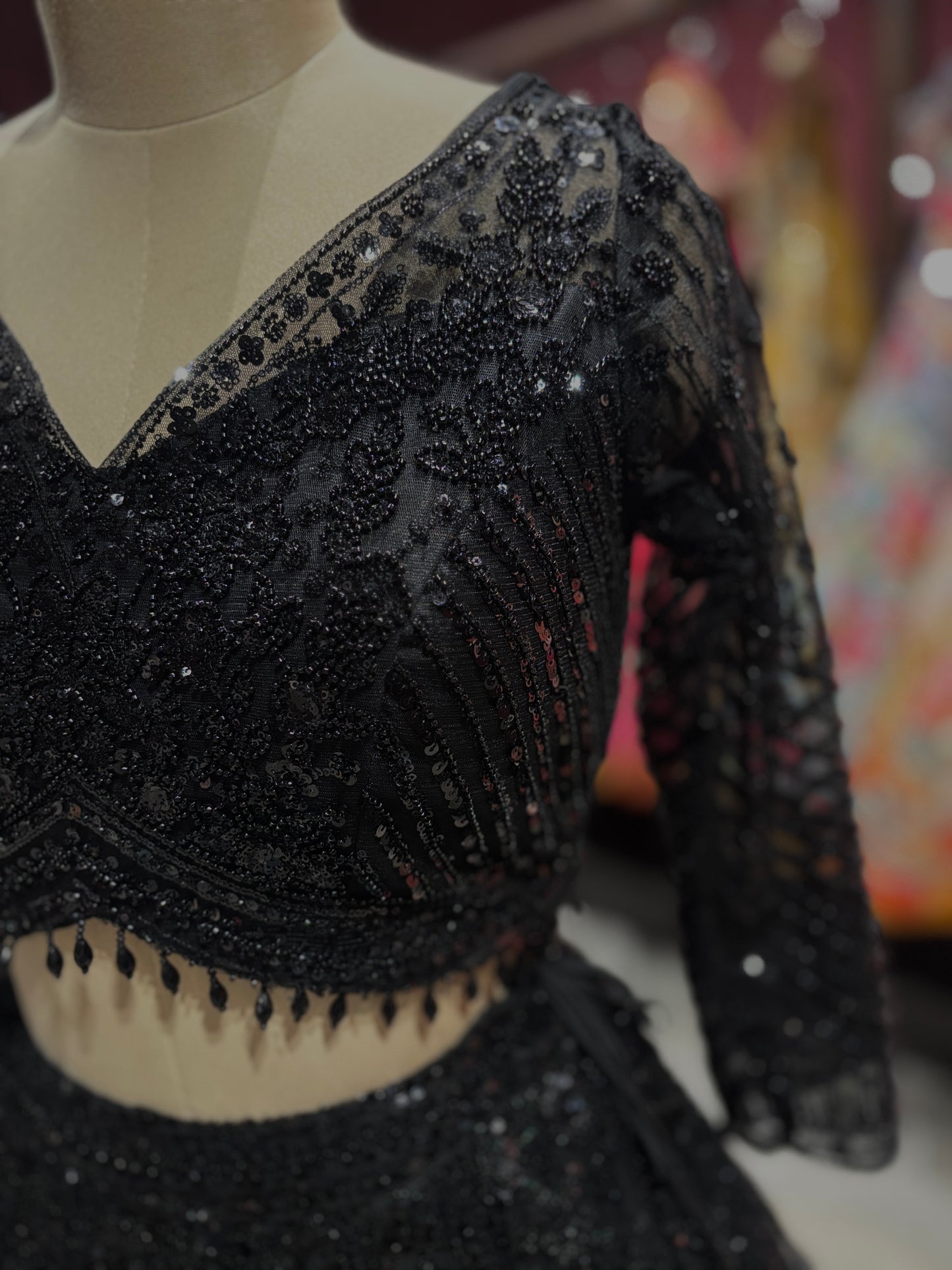 Black Sequin Embroidered Net Lehenga with Full-Sleeve Designer Blouse