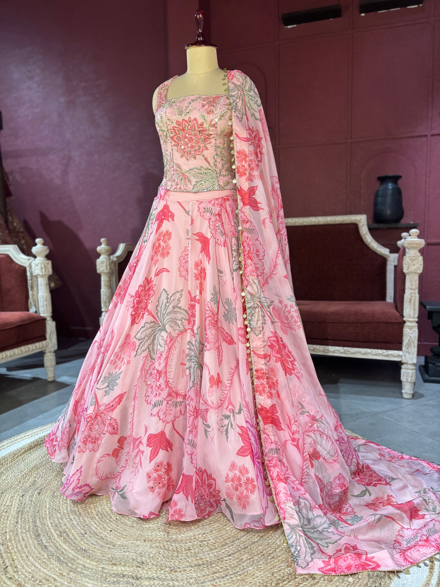 Pink Floral Lehenga with Embroidered Blouse and Dupatta