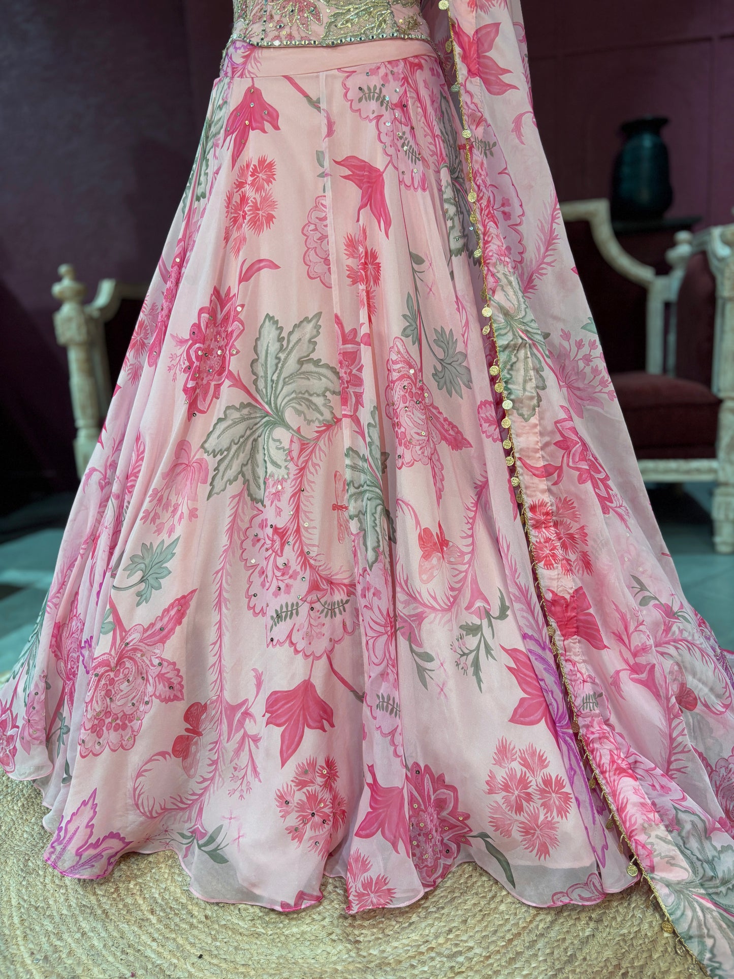 Pink Floral Lehenga with Embroidered Blouse and Dupatta