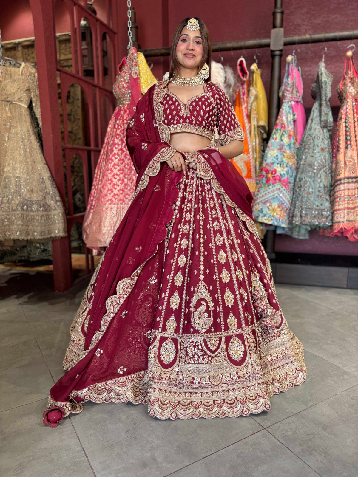 Wine Maroon Bridal Lehenga with Heavy Gold Embroidery & Dupatta