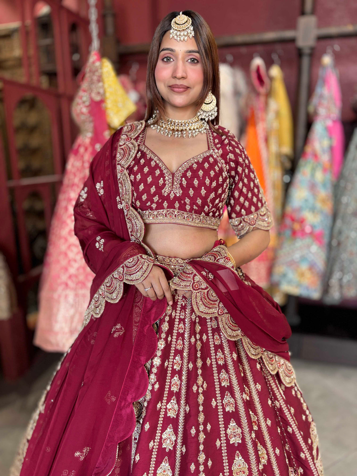 Wine Maroon Bridal Lehenga with Heavy Gold Embroidery & Dupatta
