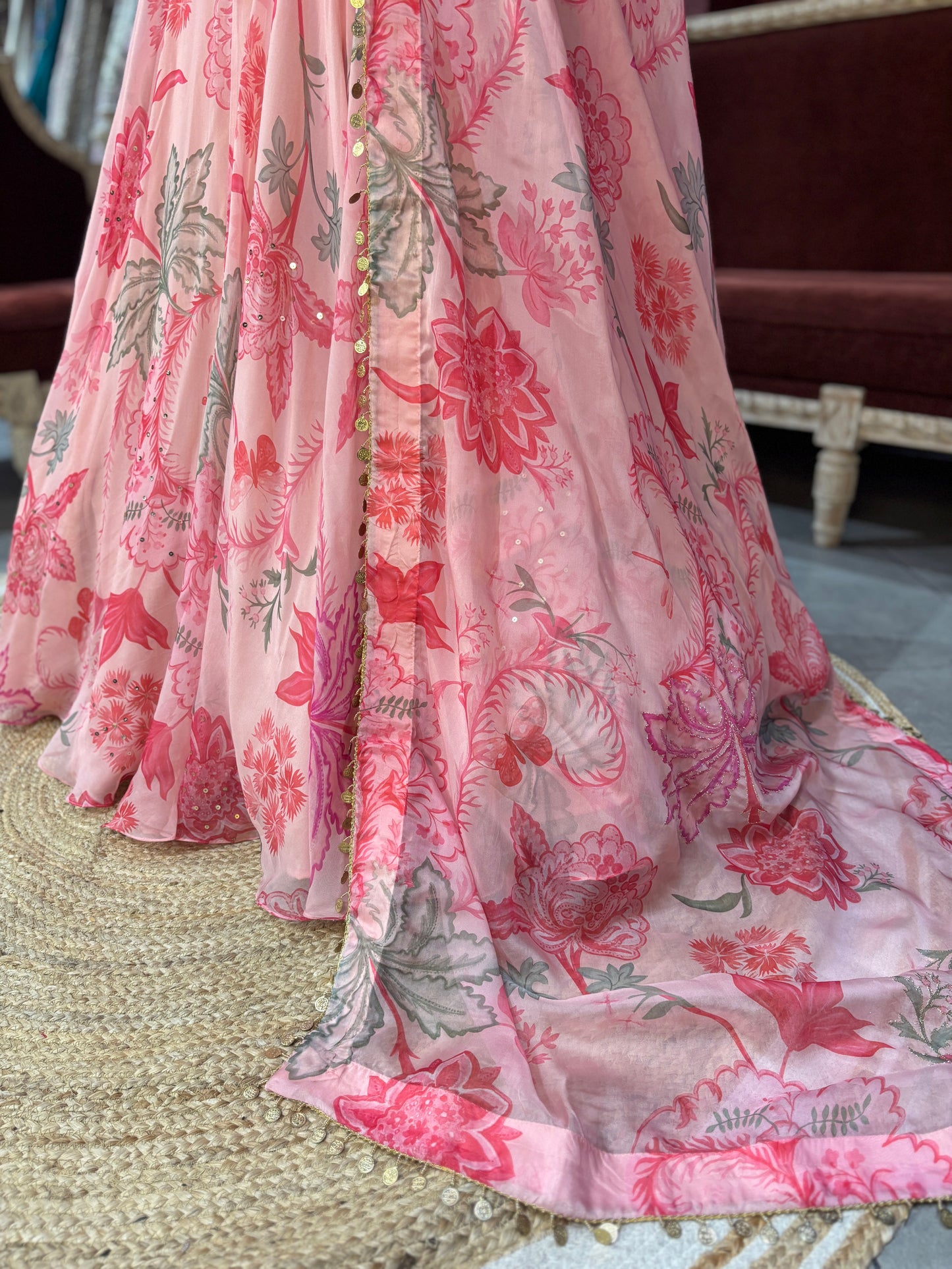 Pink Floral Lehenga with Embroidered Blouse and Dupatta