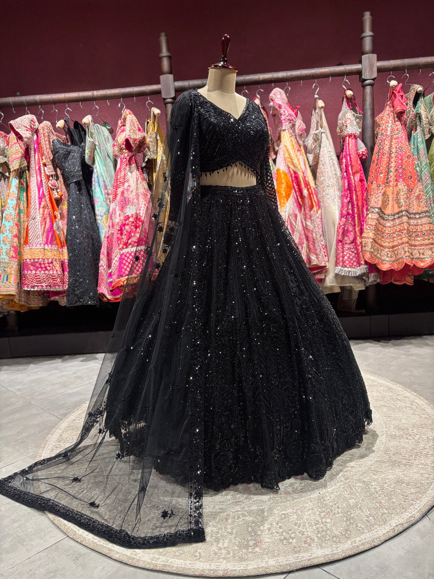 Black Sequin Embroidered Net Lehenga with Full-Sleeve Designer Blouse