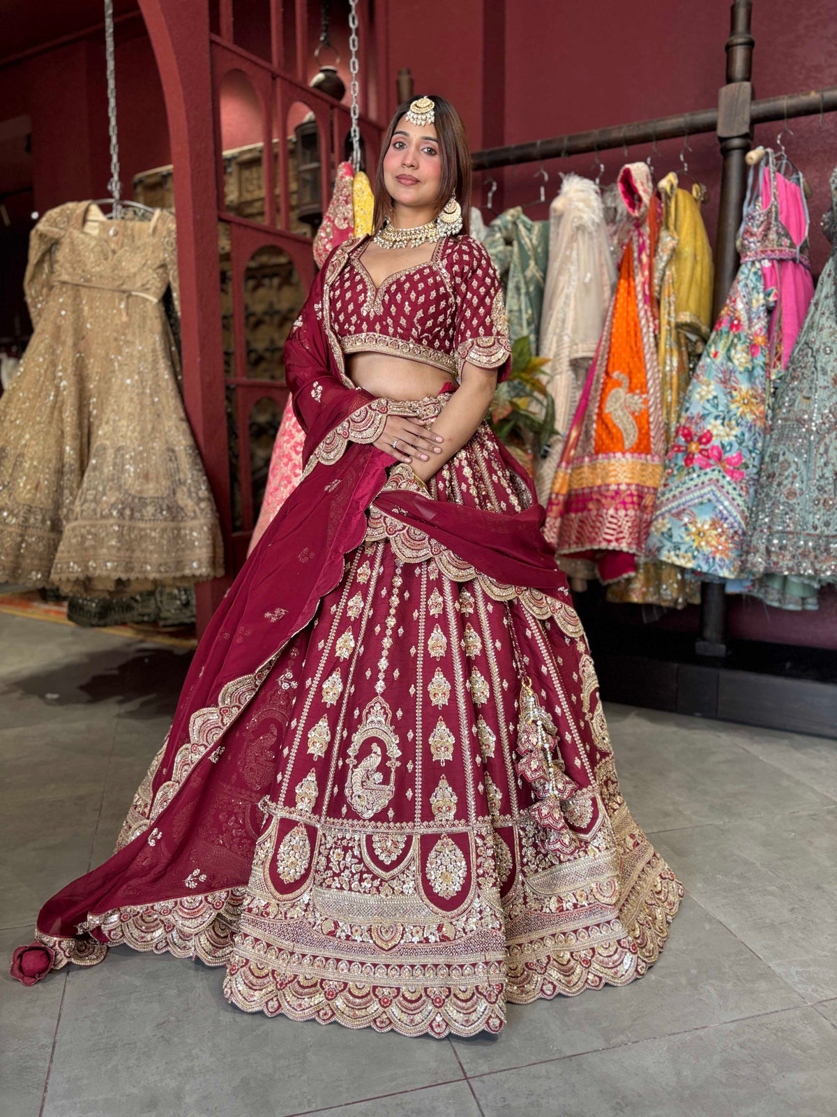 Wine Maroon Bridal Lehenga with Heavy Gold Embroidery & Dupatta