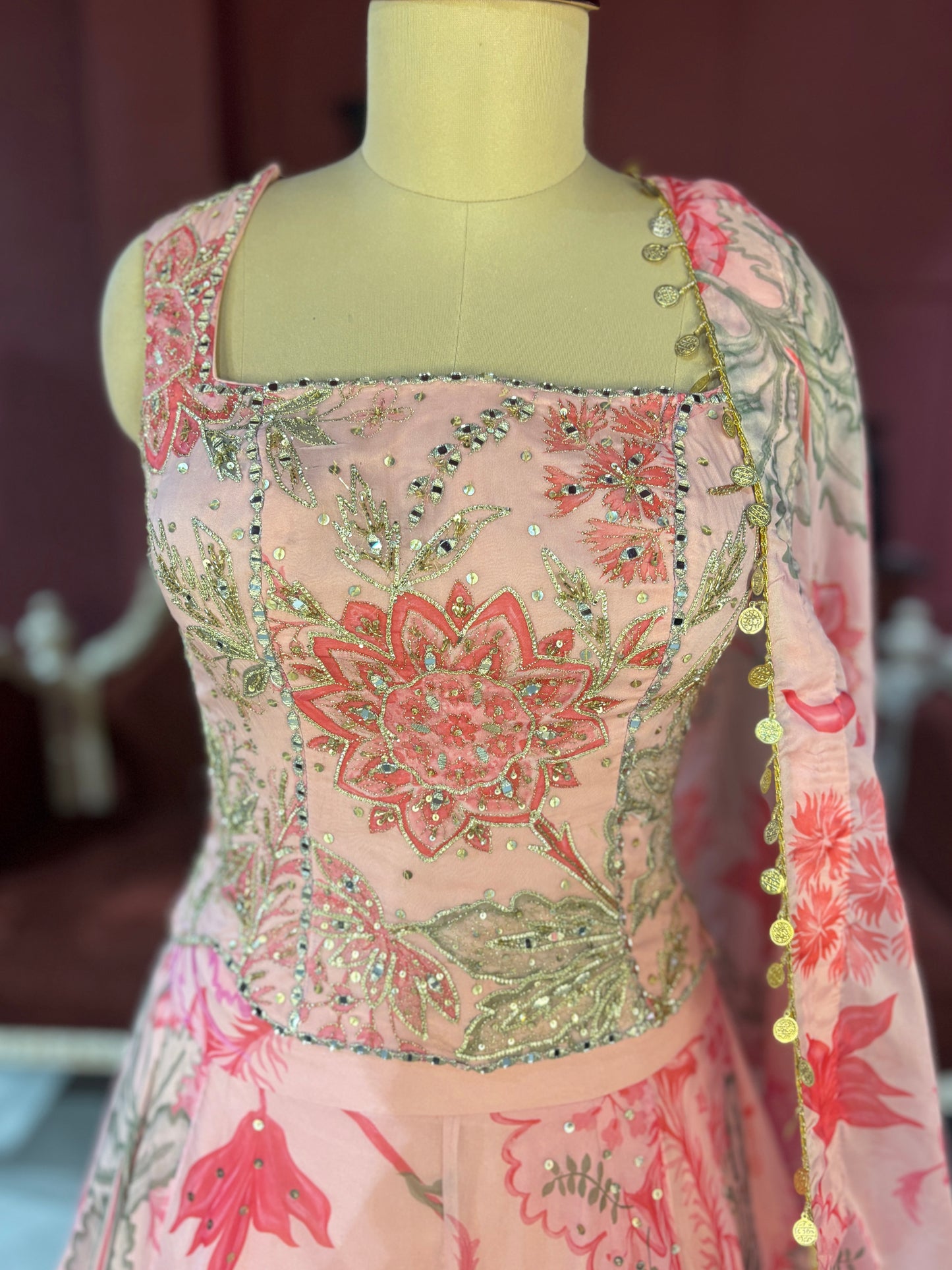 Pink Floral Lehenga with Embroidered Blouse and Dupatta