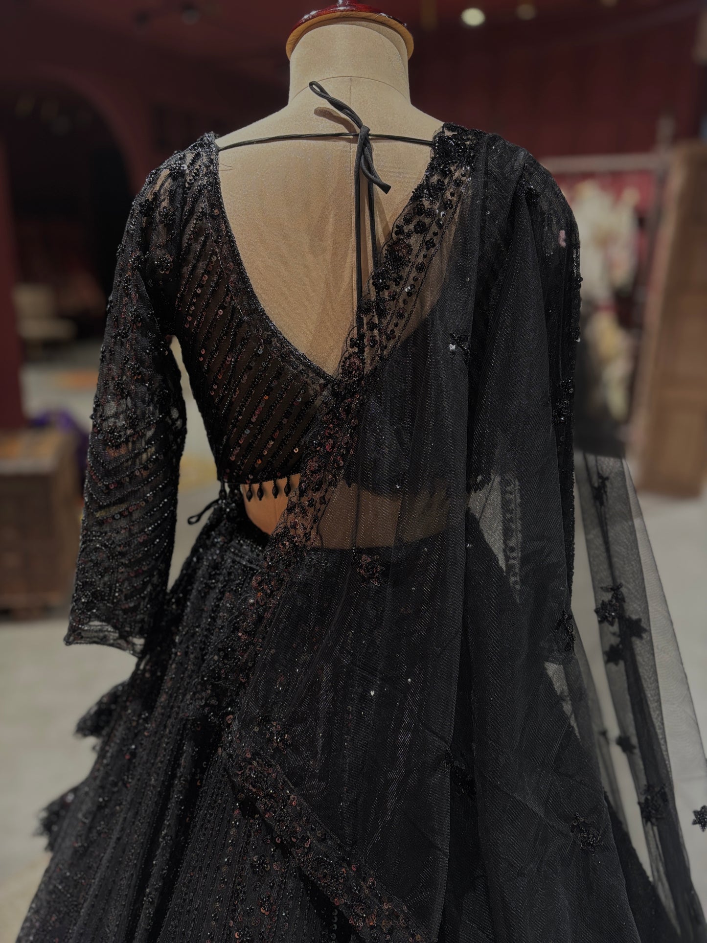 Black Sequin Embroidered Net Lehenga with Full-Sleeve Designer Blouse