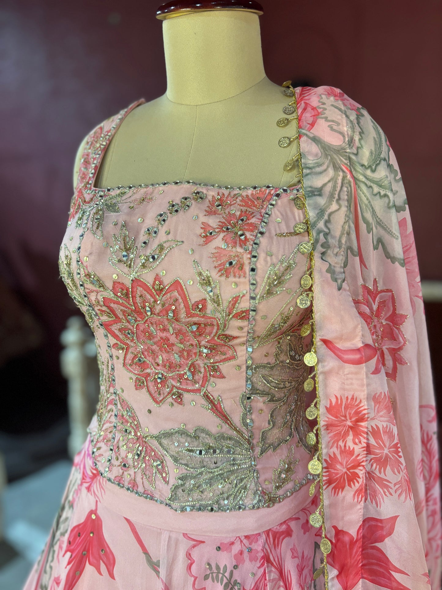 Pink Floral Lehenga with Embroidered Blouse and Dupatta