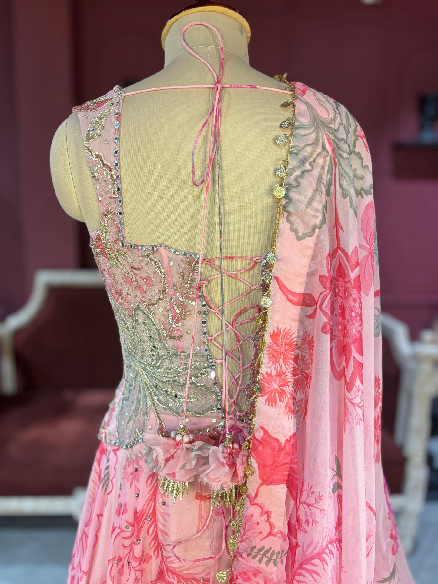 Pink Floral Lehenga with Embroidered Blouse and Dupatta
