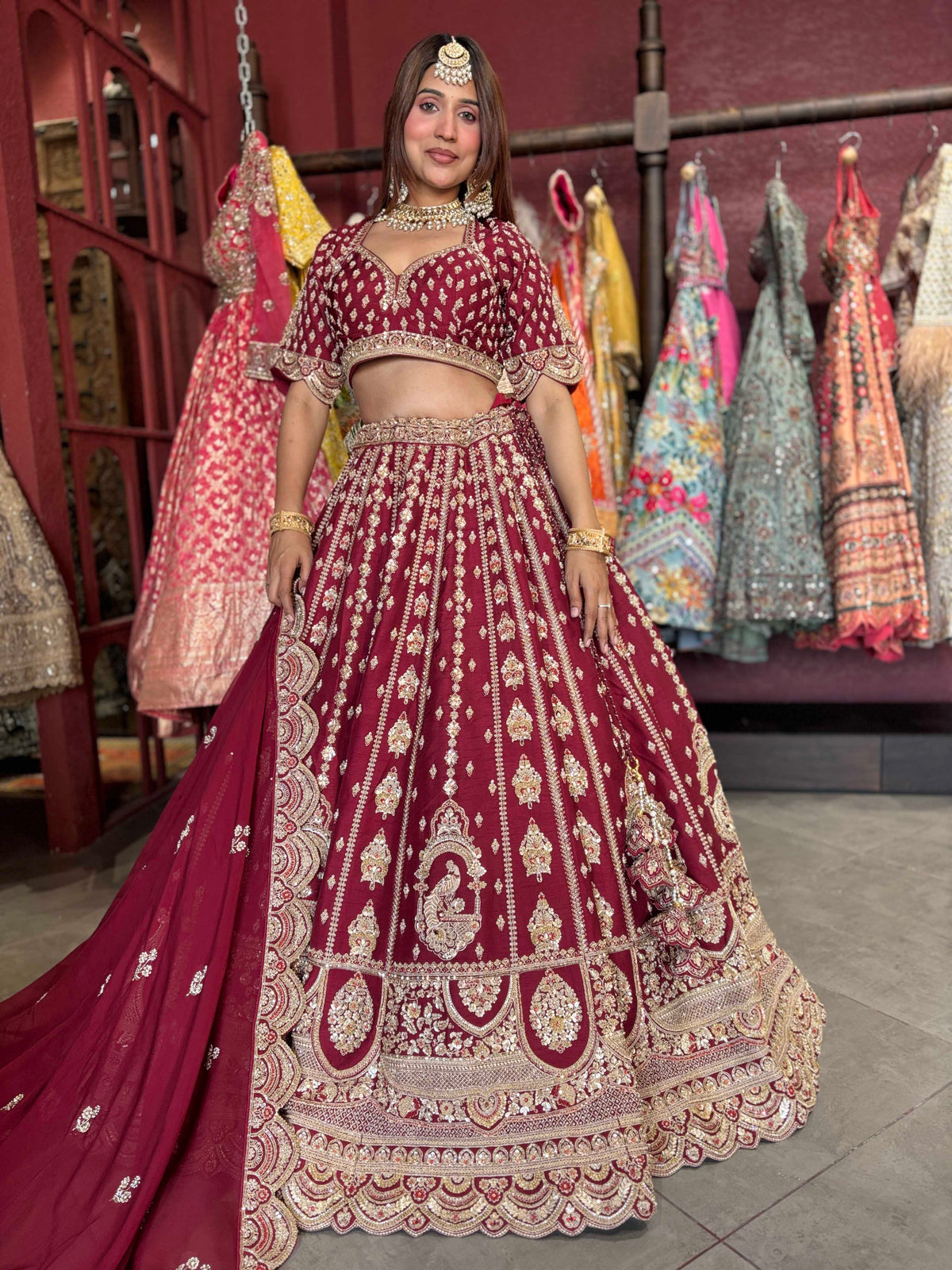 Wine Maroon Bridal Lehenga with Heavy Gold Embroidery & Dupatta