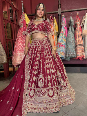 Wine Maroon Bridal Lehenga with Heavy Gold Embroidery & Dupatta