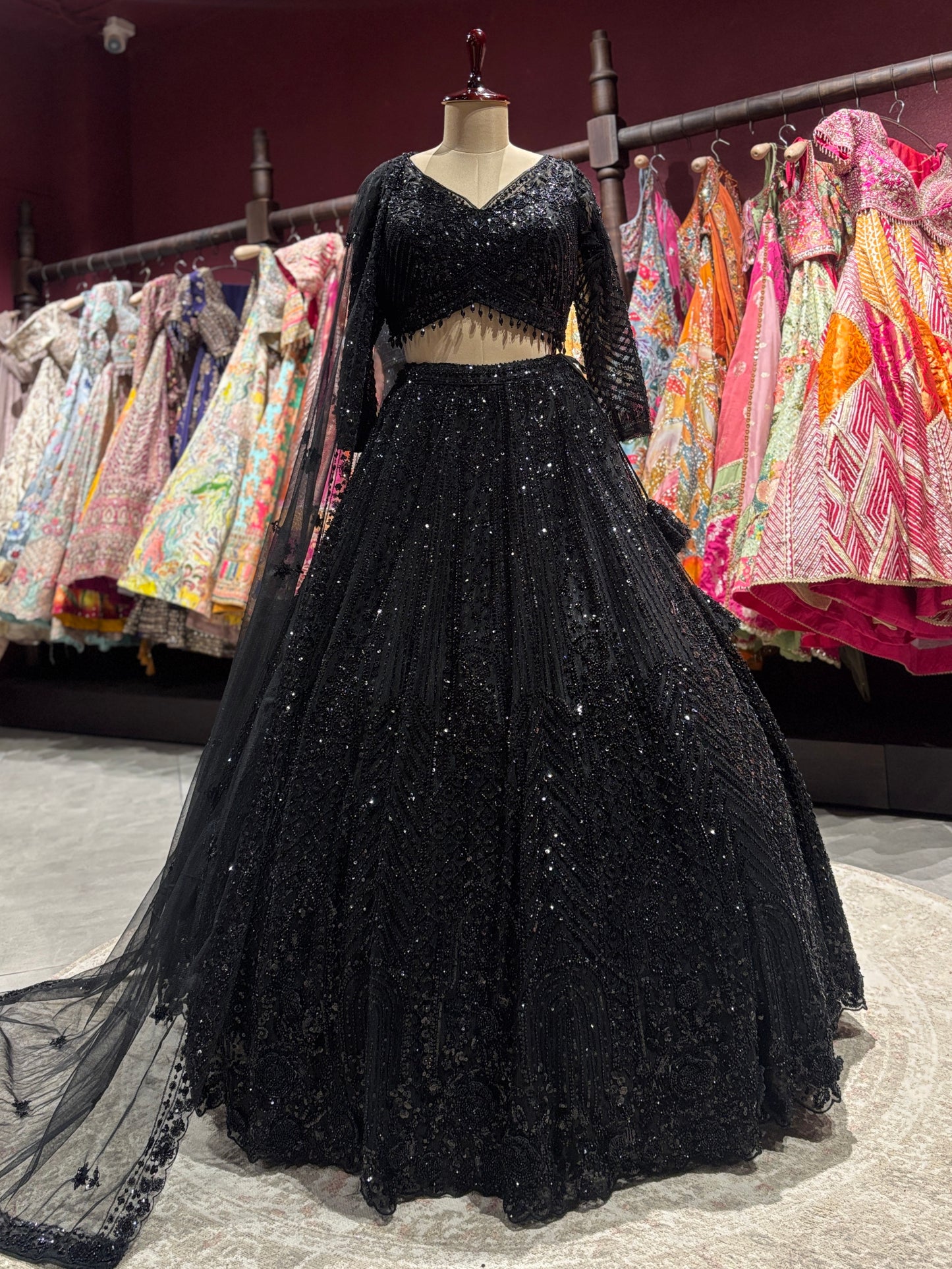 Black Sequin Embroidered Net Lehenga with Full-Sleeve Designer Blouse