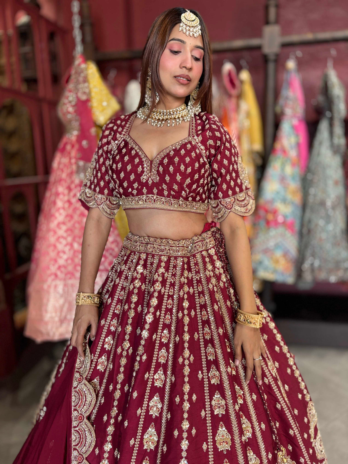Wine Maroon Bridal Lehenga with Heavy Gold Embroidery & Dupatta