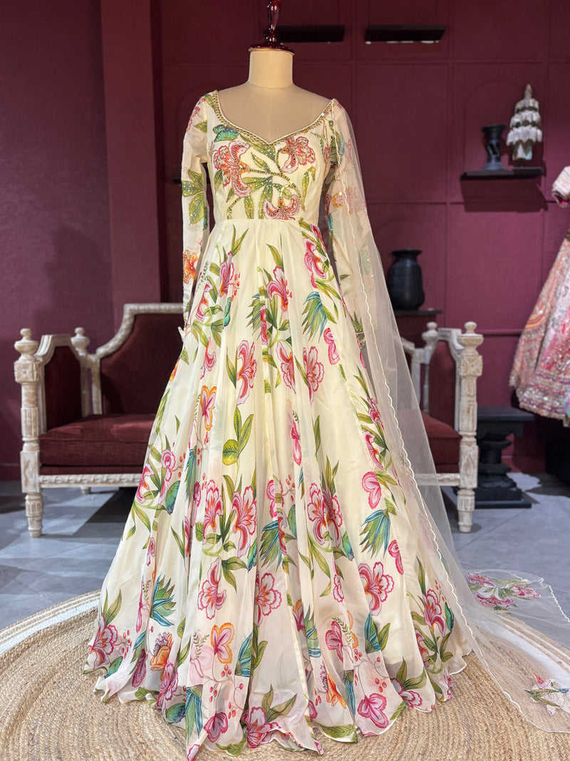 White Floral Gown with Embroidered Sheer Dupatta