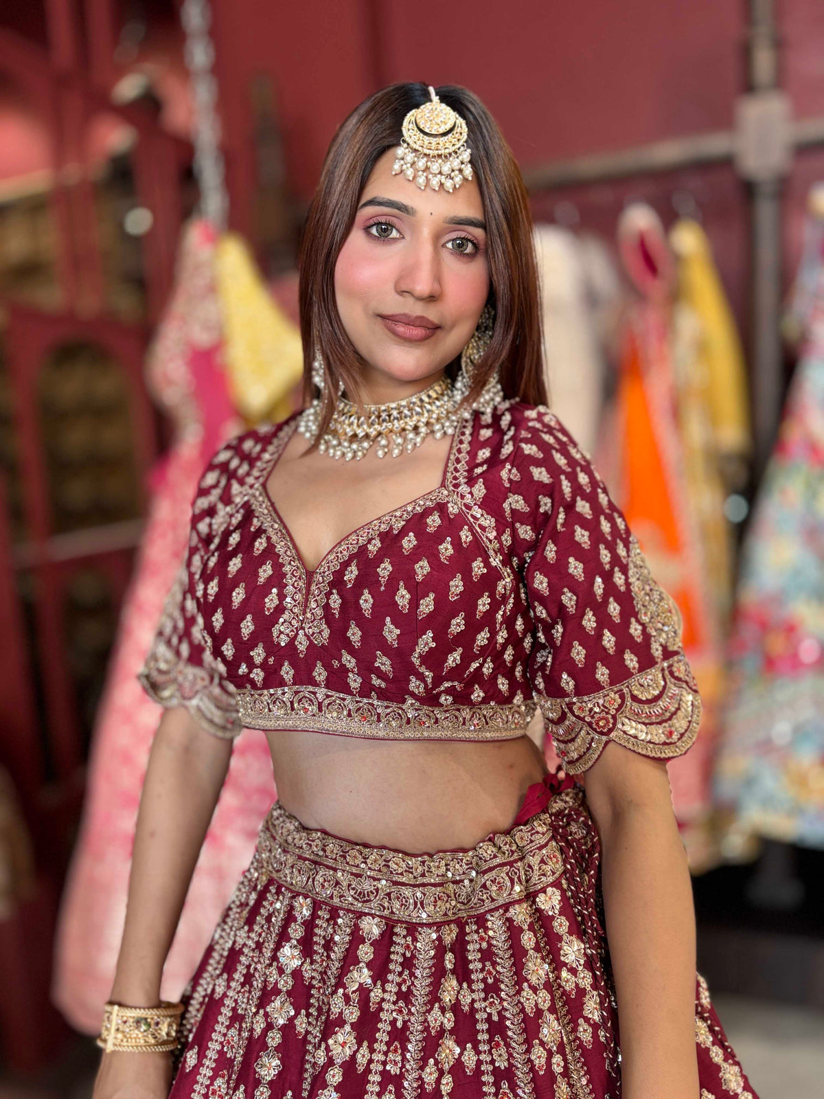 Wine Maroon Bridal Lehenga with Heavy Gold Embroidery & Dupatta