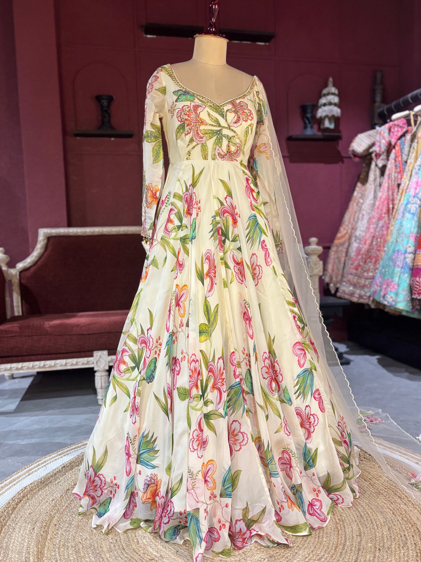 White Floral Gown with Embroidered Sheer Dupatta