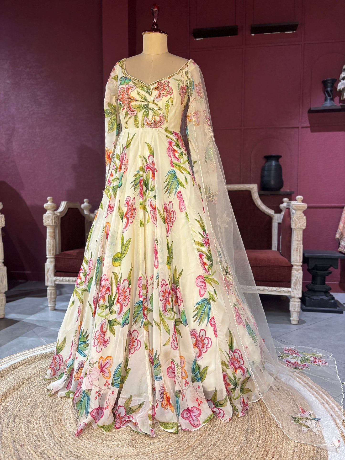 White Floral Gown with Embroidered Sheer Dupatta