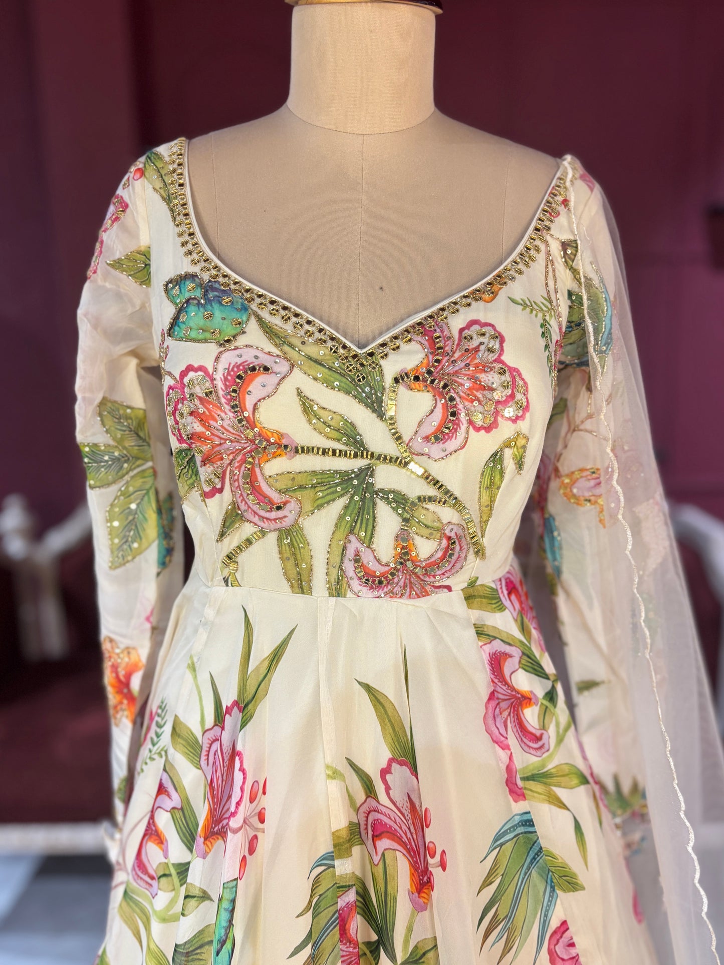 White Floral Gown with Embroidered Sheer Dupatta