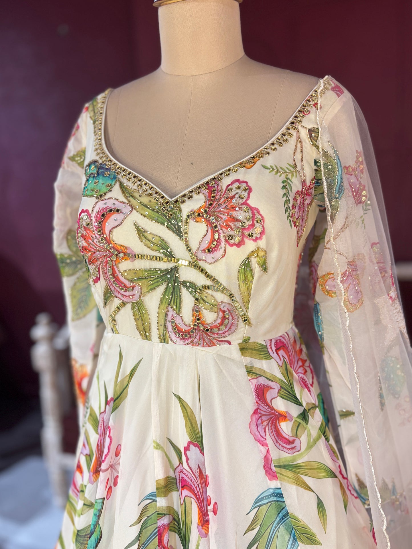 White Floral Gown with Embroidered Sheer Dupatta