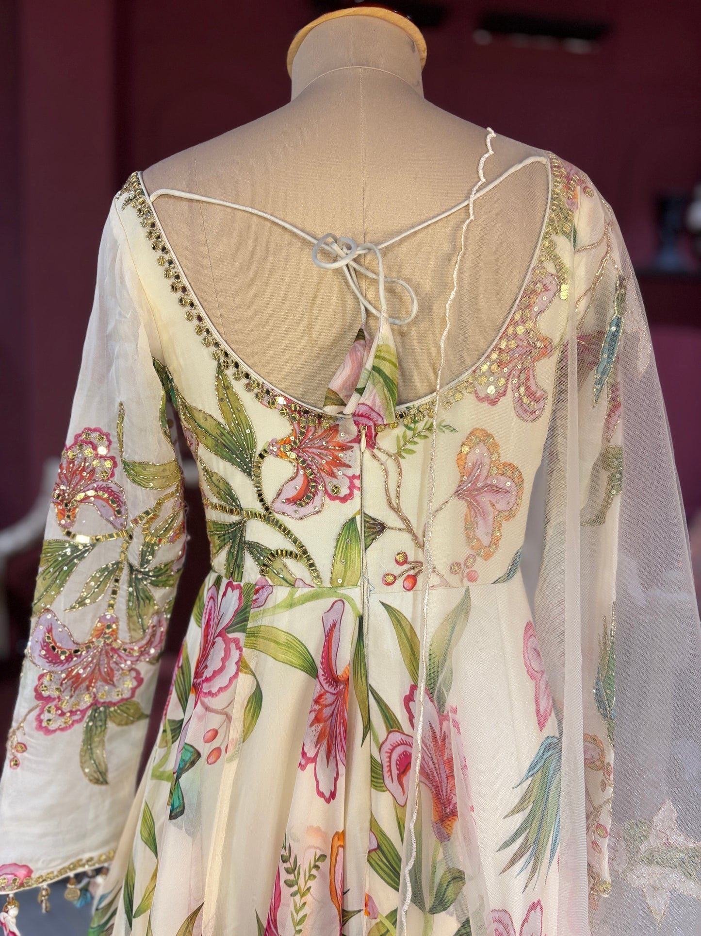 White Floral Gown with Embroidered Sheer Dupatta