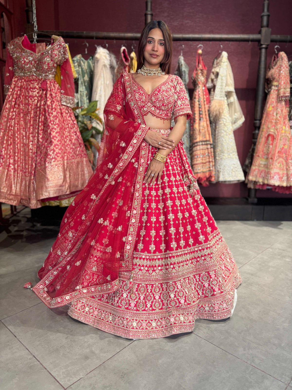 Bright Red Heavy Zari Embroidered Bridal Lehenga with Net Dupatta