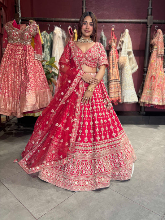 Bright Red Heavy Zari Embroidered Bridal Lehenga with Net Dupatta