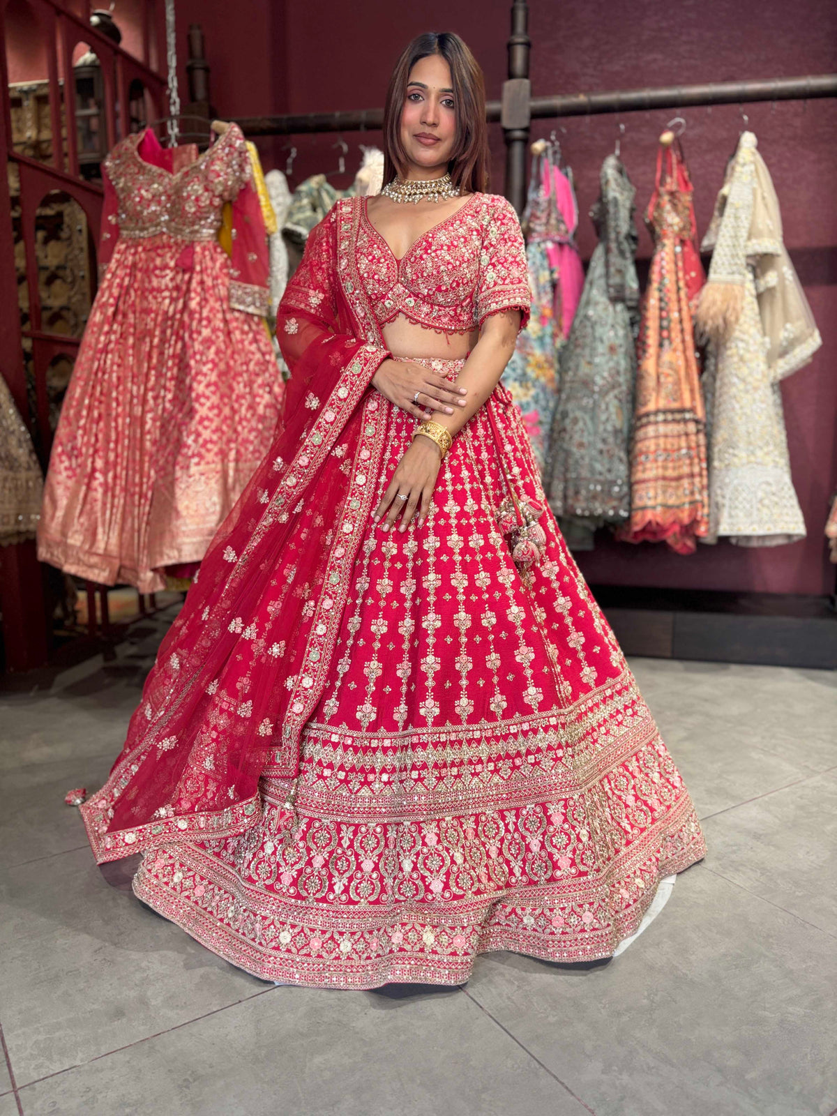 Bright Red Heavy Zari Embroidered Bridal Lehenga with Net Dupatta