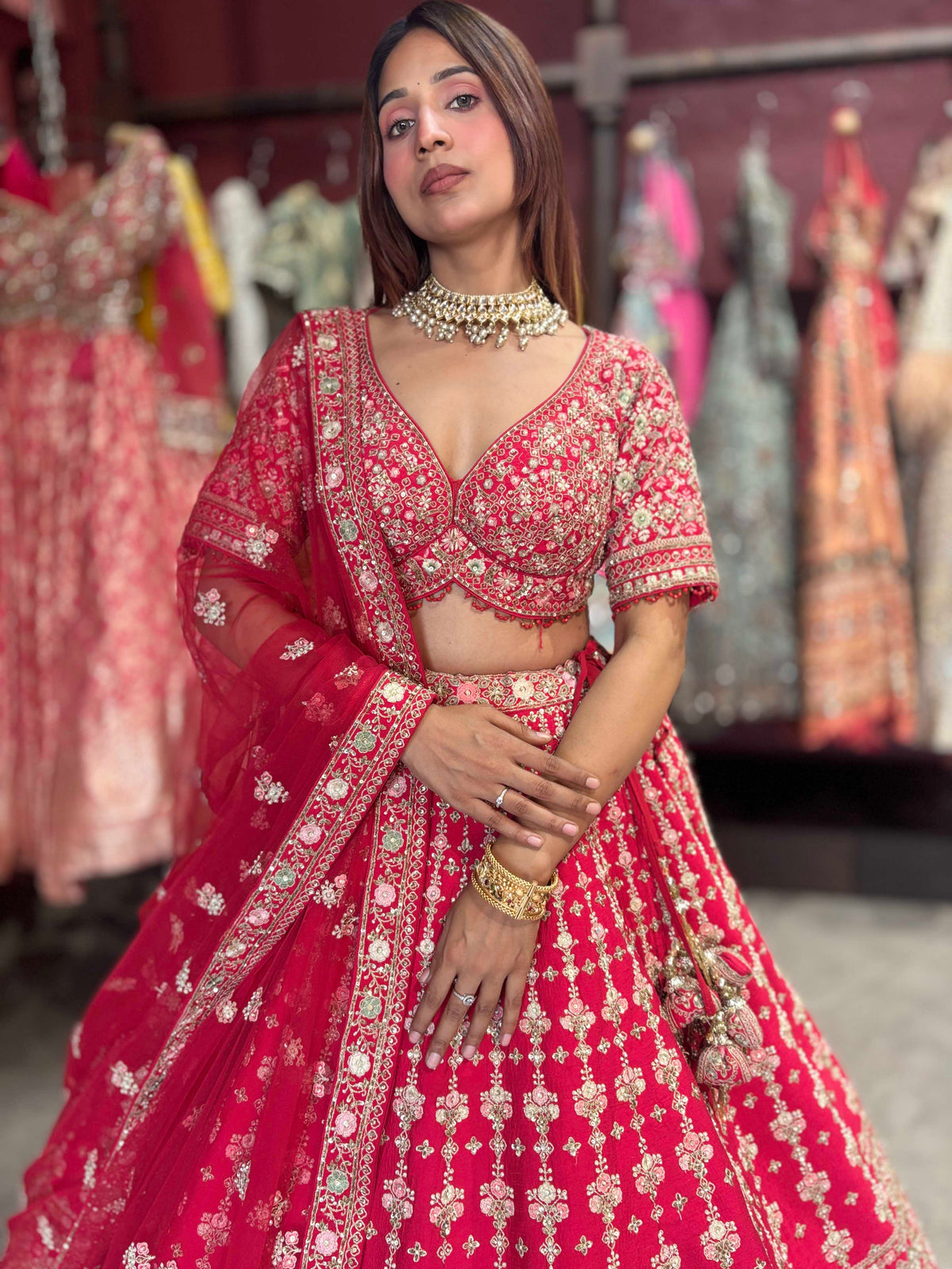 Bright Red Heavy Zari Embroidered Bridal Lehenga with Net Dupatta