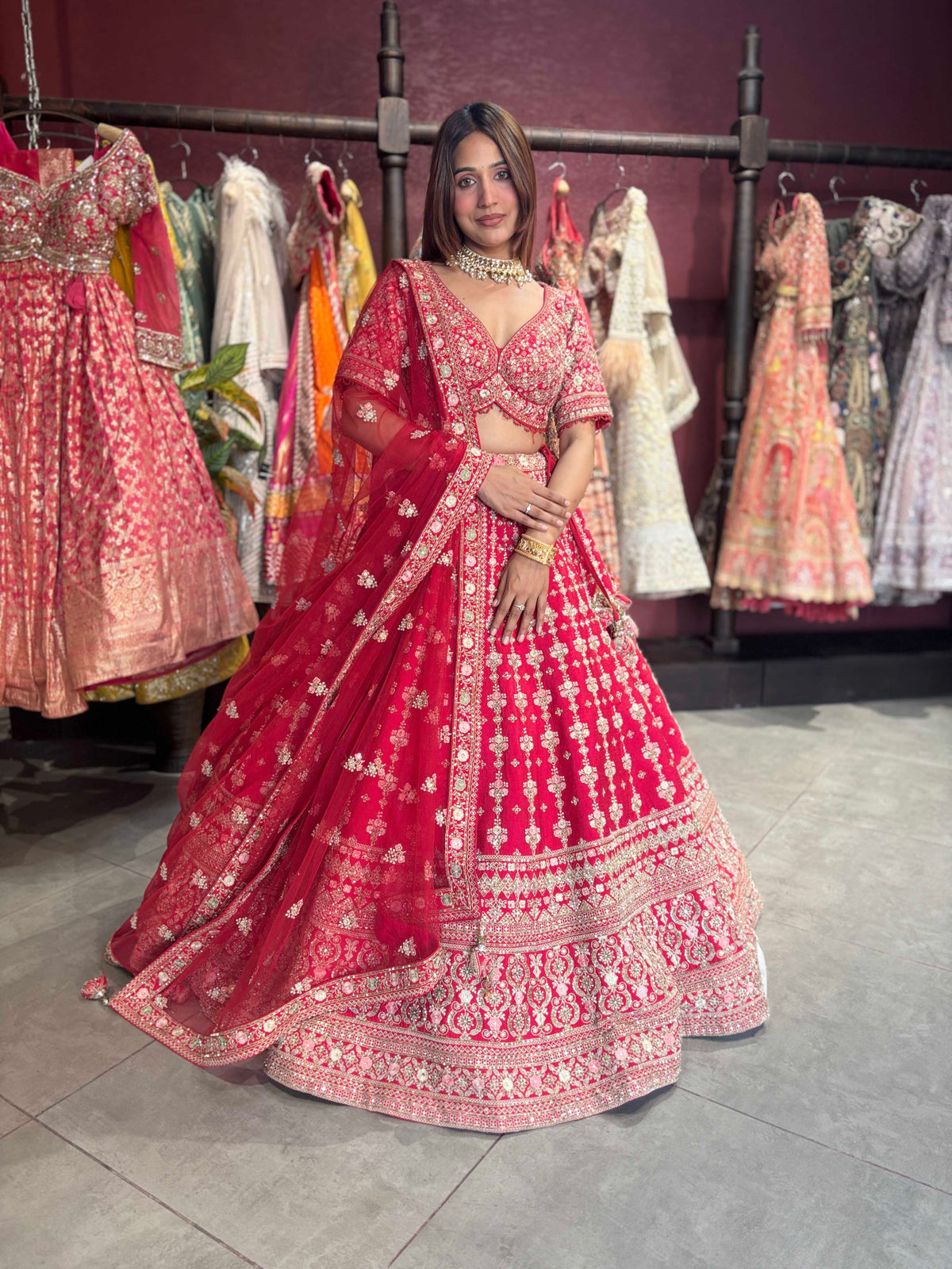 Bright Red Heavy Zari Embroidered Bridal Lehenga with Net Dupatta