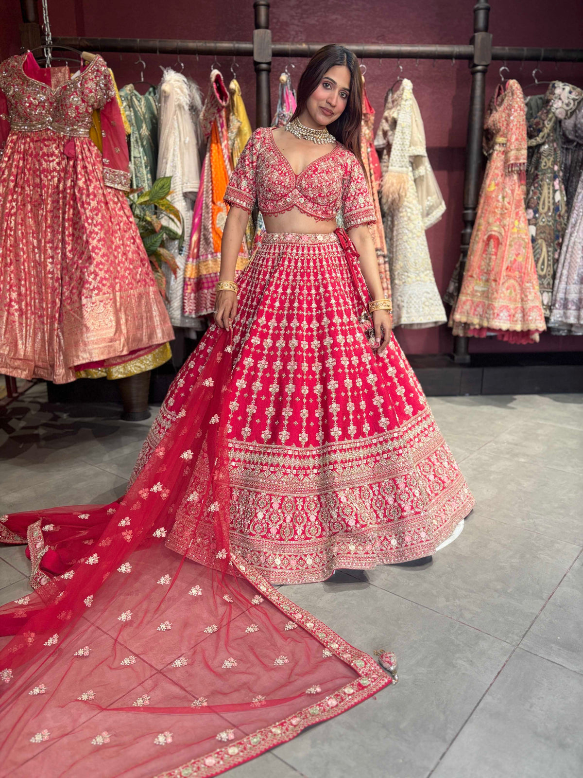 Bright Red Heavy Zari Embroidered Bridal Lehenga with Net Dupatta